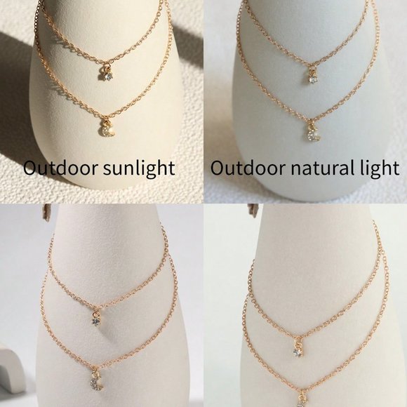 Layered Necklace, Rhinestone Moon Charm Layered Necklace - Picture 3 of 6